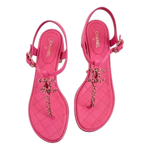 CHANEL Shoes - CHANEL Pink Quilted Leather T-Strap Logo Sandals